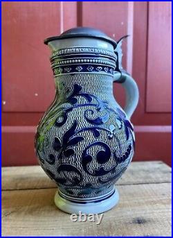 Antique German Beer Stein Ceramic Pitcher Jug Marked MM Salt Cobalt Blue Glaze