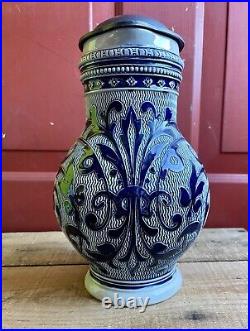 Antique German Beer Stein Ceramic Pitcher Jug Marked MM Salt Cobalt Blue Glaze