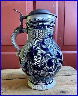 Antique German Beer Stein Ceramic Pitcher Jug Marked MM Salt Cobalt Blue Glaze