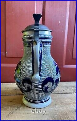 Antique German Beer Stein Ceramic Pitcher Jug Marked MM Salt Cobalt Blue Glaze