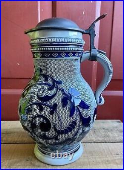 Antique German Beer Stein Ceramic Pitcher Jug Marked MM Salt Cobalt Blue Glaze