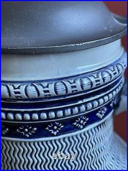 Antique German Beer Stein Ceramic Pitcher Jug Marked MM Salt Cobalt Blue Glaze