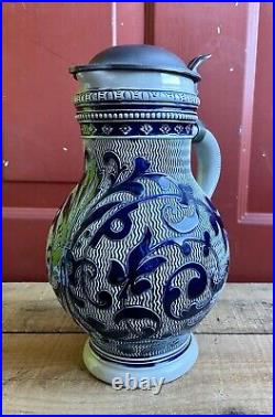 Antique German Beer Stein Ceramic Pitcher Jug Marked MM Salt Cobalt Blue Glaze