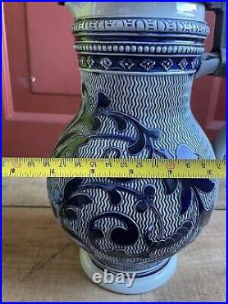 Antique German Beer Stein Ceramic Pitcher Jug Marked MM Salt Cobalt Blue Glaze