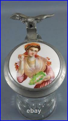 Antique German Beer Stein Glass Pewter Eagle Lady Portrait Medallion Lid