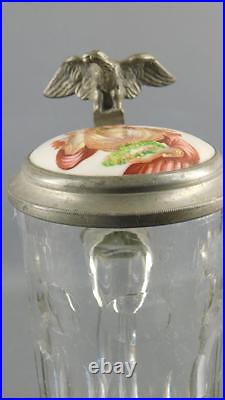 Antique German Beer Stein Glass Pewter Eagle Lady Portrait Medallion Lid