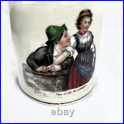 Antique German Beer Stein Lidded Romance Love FIrst Heartbeat Unique Handle 1/2L