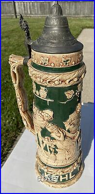 Antique German Beer Stein MARKED Large with Pewter Lid 17 1/2 Tall
