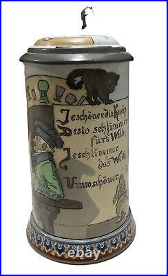 Antique German Beer Stein Mettlach 0.3L Woman and the Tavern #2090 RARE