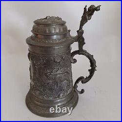 Antique German Beer Stein Pewter Lid Vintage Ornate Inscribed Deer & Hunter