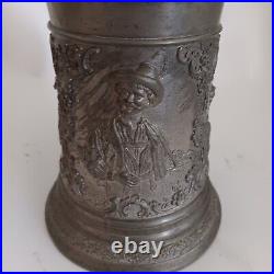 Antique German Beer Stein Pewter Lid Vintage Ornate Inscribed Deer & Hunter