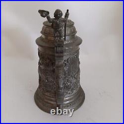 Antique German Beer Stein Pewter Lid Vintage Ornate Inscribed Deer & Hunter