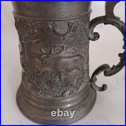 Antique German Beer Stein Pewter Lid Vintage Ornate Inscribed Deer & Hunter