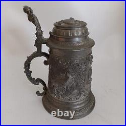 Antique German Beer Stein Pewter Lid Vintage Ornate Inscribed Deer & Hunter