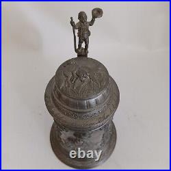 Antique German Beer Stein Pewter Lid Vintage Ornate Inscribed Deer & Hunter