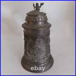 Antique German Beer Stein Pewter Lid Vintage Ornate Inscribed Deer & Hunter