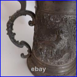 Antique German Beer Stein Pewter Lid Vintage Ornate Inscribed Deer & Hunter