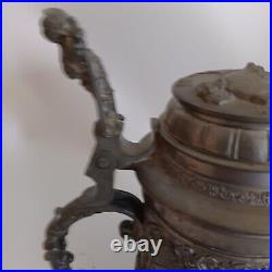 Antique German Beer Stein Pewter Lid Vintage Ornate Inscribed Deer & Hunter