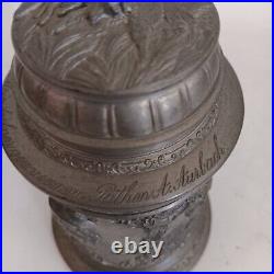 Antique German Beer Stein Pewter Lid Vintage Ornate Inscribed Deer & Hunter