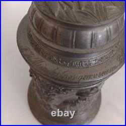 Antique German Beer Stein Pewter Lid Vintage Ornate Inscribed Deer & Hunter