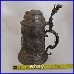 Antique German Beer Stein Pewter Lid Vintage Ornate Inscribed Deer & Hunter