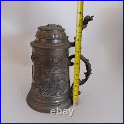 Antique German Beer Stein Pewter Lid Vintage Ornate Inscribed Deer & Hunter