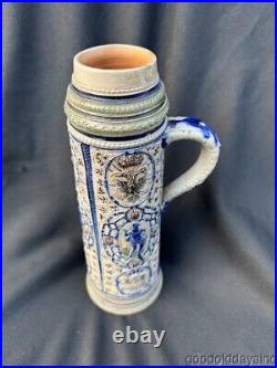 Antique German Beer Stein Tall Tankard No Lid Stoneware Stein earthenware Clay