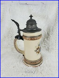 Antique German Beer Stein with Pewter Lid Hand Painted Relief & Lithophane Art