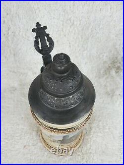 Antique German Beer Stein with Pewter Lid Hand Painted Relief & Lithophane Art