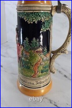 Antique German Beer Stein with Pewter Tilt Top Lid TALL LARGE Vintage Germany
