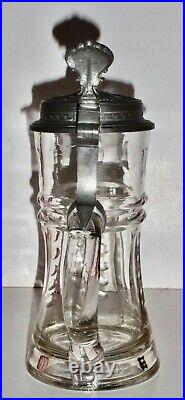 Antique German Blown Cut Glass 1/2 Liter 1890's Beer Stein withFalstaff Pewter Lid
