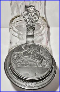 Antique German Blown Cut Glass 1/2 Liter 1890's Beer Stein withFalstaff Pewter Lid