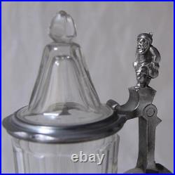 Antique German Blown/Cut Glass Beer Stein Inlaid Lid and Gnome Thumblift c. 1880s