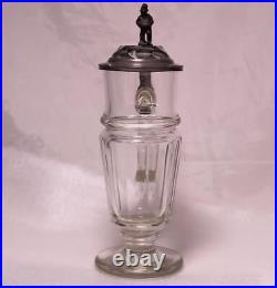 Antique German Blown Stone Cut Glass Beer Stein Traveling Man Thumblift c. 1890s