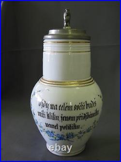 Antique German / Bohemian 1,5 Liter Beer Stein with Pewter Lid
