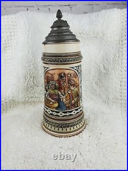 Antique German Ceramic Relief Beer Stein WithPewter Lid 1L