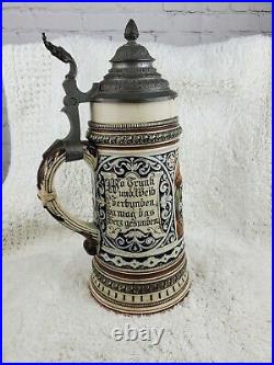 Antique German Ceramic Relief Beer Stein WithPewter Lid 1L