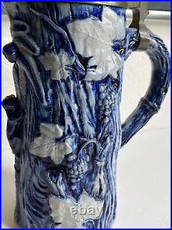 Antique German Cobalt Salt Glazed Beer Stein Pitcher Pewter Lid Monkey Tree