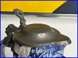 Antique German Cobalt Salt Glazed Beer Stein Pitcher Pewter Lid Monkey Tree