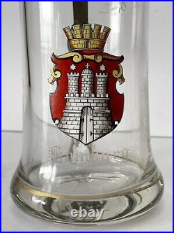 Antique German Crystal Beer Stein Enamel Hamburg Coat Of Arms. 5l Lidded Tankard