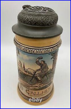 Antique German Etched Beer Stein Bicycle Bike HR Hauber & Reuther 1890 ALL HEIL