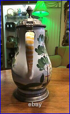 Antique German Faience Beer Stein 1700s Boy with Cello Theme Pewter Lid