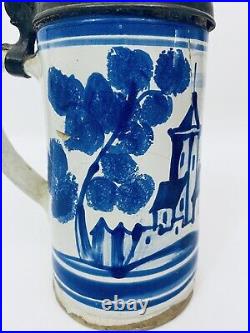 Antique German Faience Beer Stein Architecture Walzenkrug Humpen DETACHED LID