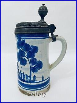 Antique German Faience Beer Stein Architecture Walzenkrug Humpen DETACHED LID