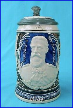 Antique German Germany WW1 Kaiser Friedrich Ceramic Lidded Beer Stein Mug