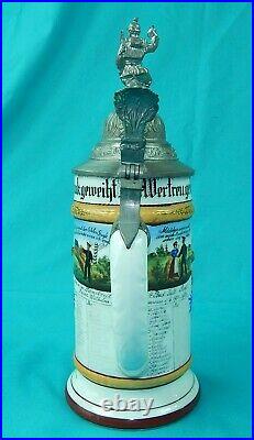 Antique German Germany WW1 Regimental 1903 Porcelain Litho Lidded Beer Stein