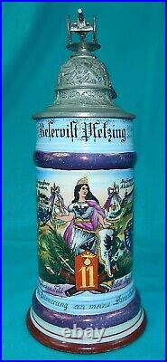 Antique German Germany WW1 Regimental Artl. Porcelain Litho Lidded Beer Stein