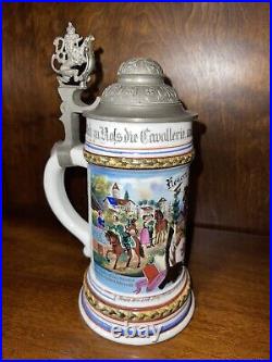 Antique German Germany WW1 Regimental Cavalry Porcelain Litho Lidded Beer Stein