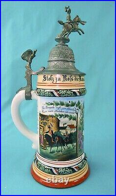 Antique German Germany WW1 Regimental Cavalry Porcelain Litho Lidded Beer Stein