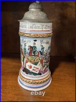 Antique German Germany WW1 Regimental Cavalry Porcelain Litho Lidded Beer Stein